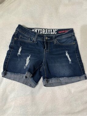 Hydraulic Dark Blue Distressed Roll-Hem Jean Shorts